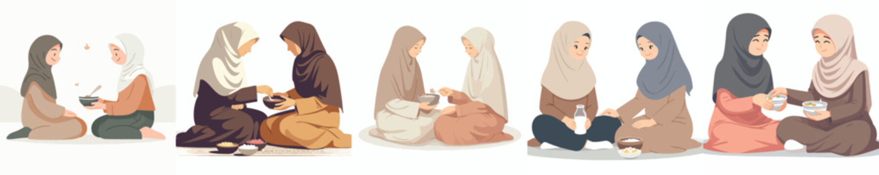 vector of muslim women sharing food to break the fast in ramadan