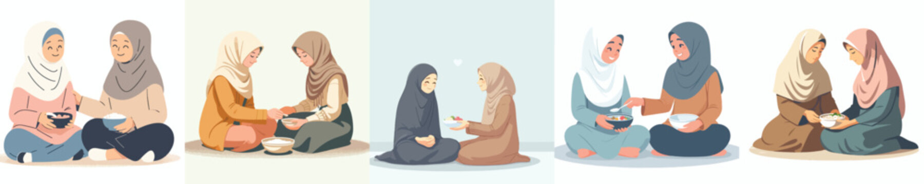 vector of muslim women sharing food to break the fast in ramadan