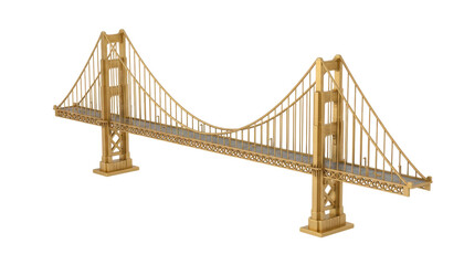 Fototapeta premium A detailed 3D render of a golden suspension bridge with intricate steel cables and towering supports, presented on a transparent background. The structure showcases precise engineering and design.
