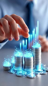 Hand stacking glowing coins