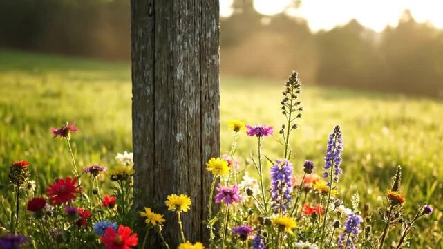 Wildflower Meadow At Sunset Around Rustic Post Golden Light