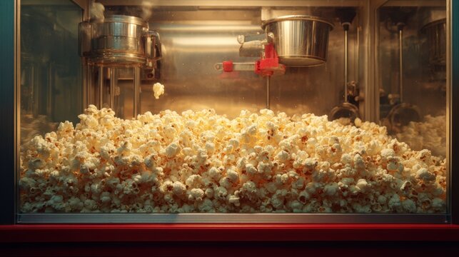 Fresh popcorn fills a classic popcorn machine at a cinema concession stand
