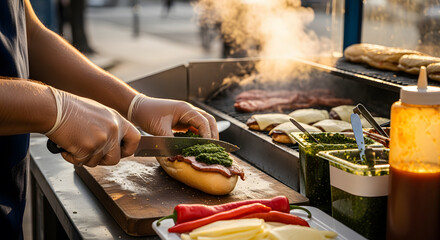 Chef Preparing Street Food Sandwich with Green Sauce on Hot Gril
