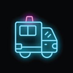 Obraz premium Bright neon ambulance car icon glowing on dark background, concept of emergency medical service