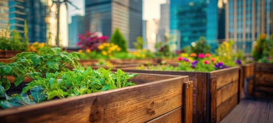 The Rooftop Garden With Wooden Raised Planters and City Skyline Background