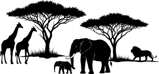 African savanna safari wildlife silhouette with elephants, giraffes, lion, and acacia trees, cad drawing flat vector illustration, isolated on white background © Shapla