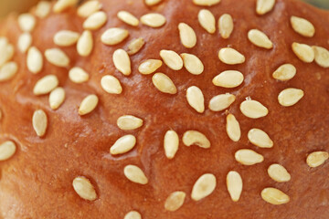 Macro Shot of Golden Brown Hamburger Bun with Sesame Seeds, Abstract Food Art
