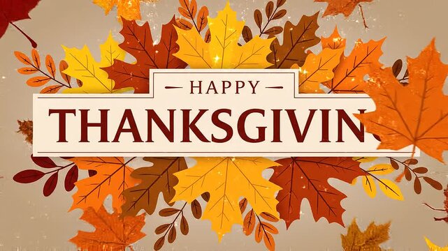 Happy Thanksgiving text overlay with vibrant autumn leaves border festive fall celebration greeting background