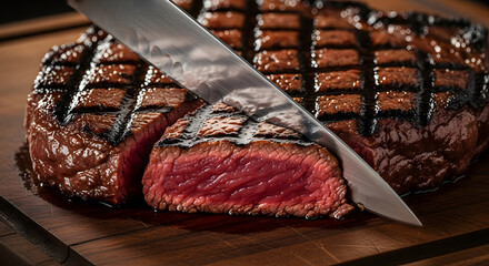 Close-up of grilled beef steak being sliced on a dark wooden cut