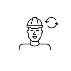 Fototapeta premium Man in hard hat and renew arrows. Worker update, safety refresh, construction renewal. Pixel perfect, editable stroke vector icon