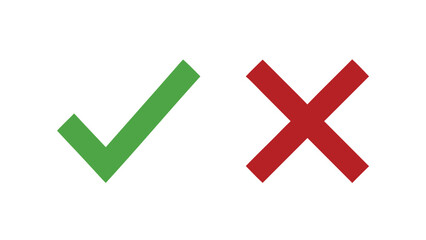 Minimalist green check mark and red cross vector icon set featuring flat graphic symbols for approval and rejection isolated on transparent background. © SuprabhBarua