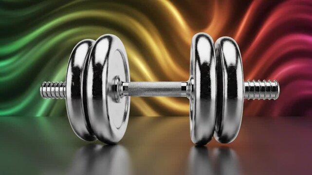 Shiny dumbbell weight exercise equipment against abstract colorful artistic motion background for fitness and workout training