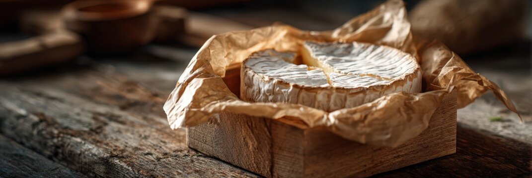 Camembert cheese in rustic wooden box on wood
