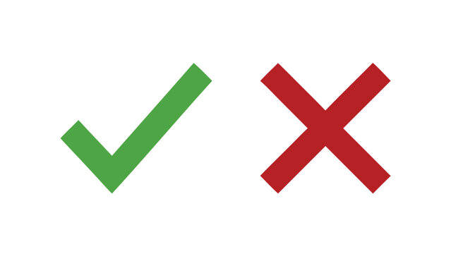 Minimalist green check mark and red cross vector icon set featuring flat graphic symbols for approval and rejection isolated on transparent background.