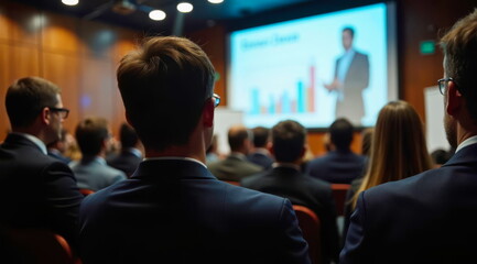 Fototapeta premium A view from the back of businessmen sitting at a company presentation in a large hall.