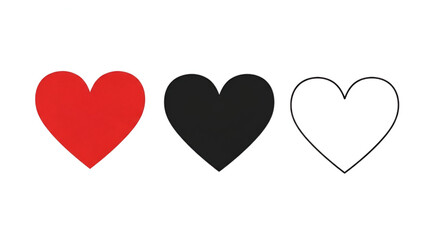Set of Three Heart Icons | Red, Black, and Outline Style with Shadow Vector Collection