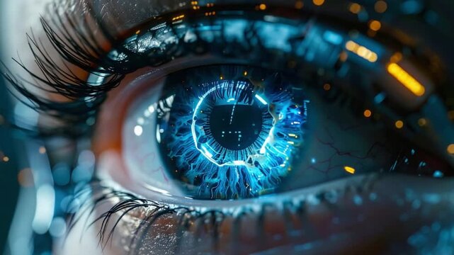 Futuristic Digital Eye with Glowing Blue Circuitry and Data Stream