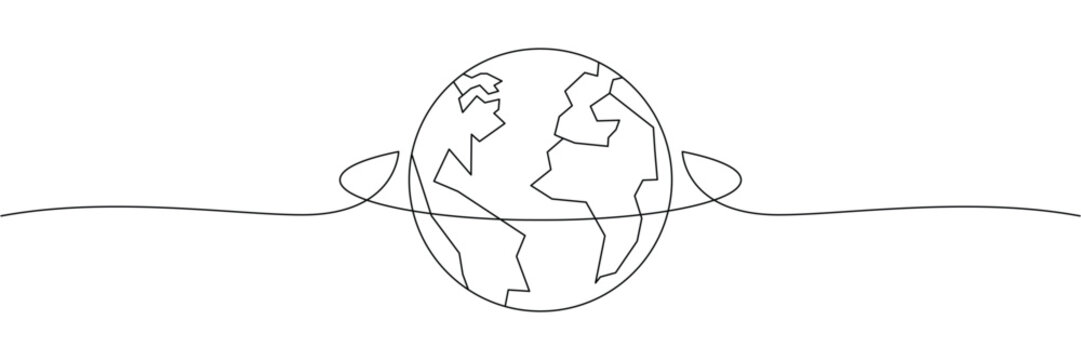 Continuous one line drawing of planet earth globe with orbit path for global travel concept. Editable stroke. Doodle hand drawn vector illustration