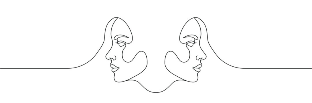 Continuous one line drawing of two female faces in profile facing opposite directions minimalist art style. Editable stroke. Doodle hand drawn vector illustration
