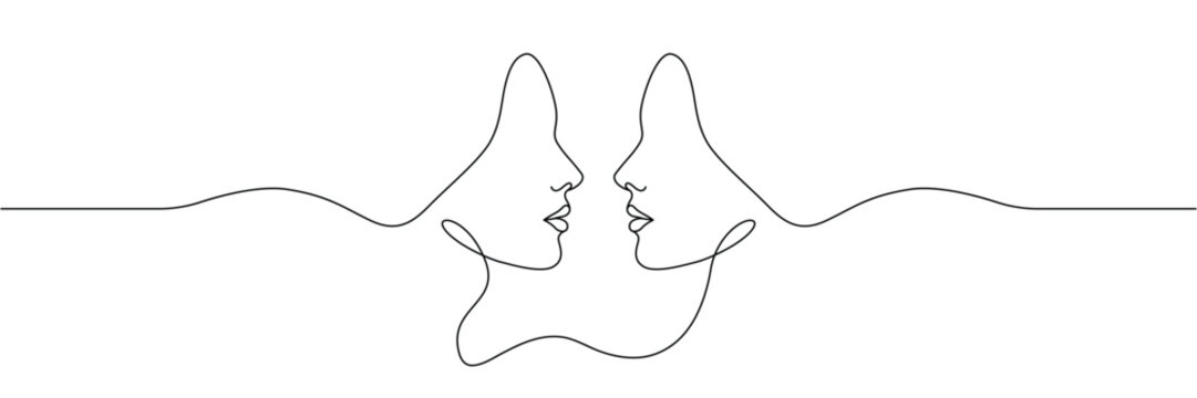 Continuous one line drawing of two female faces in profile facing each other minimalist art. Editable stroke. Doodle hand drawn vector illustration