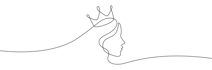 Woman profile wearing crown in continuous one line drawing style for royal logo brand design. Editable stroke. Doodle hand drawn vector illustration © SomDraw