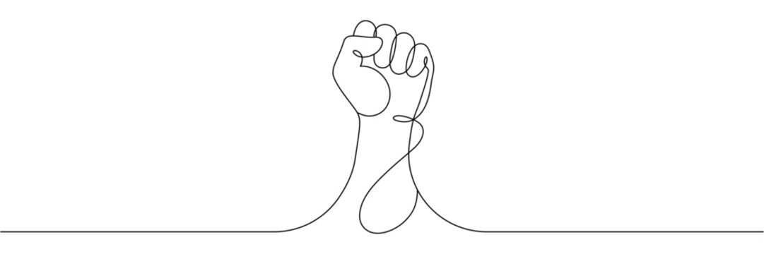Minimalist continuous one line drawing of a raised fist representing power strength unity protest and human rights. Editable stroke. Doodle hand drawn vector illustration