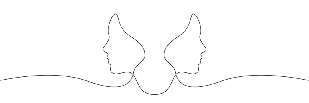 Continuous one line drawing of two human profiles facing opposite directions representing duality and mental health. Editable stroke. Doodle hand drawn vector illustration