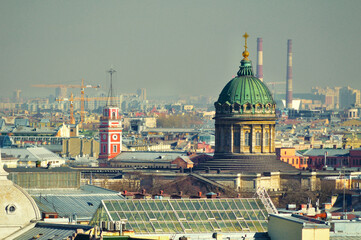 St Petersburg Russia. Panoramic view of Saint Petersburg, Russia from height. Selective focus at Kazan Cathedral. Spring urban aerial view of St Petersburg landmarks