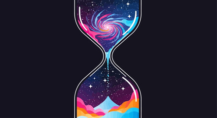 Vibrant hourglass with swirling galaxy and colorful sand against a dark cosmic background © Simon