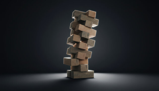 Tall Stacked Wooden Blocks Tower in Dim Lighting