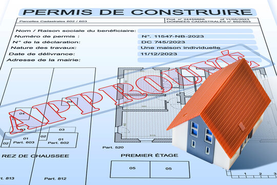 Building permit written in French - PERMIS DE CONSTRUIRE - Building activity and construction industry concept with home model