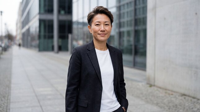 Confident androgynous Asian professional posing outdoors in the city.