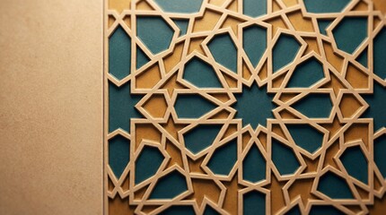 Traditional Islamic geometric pattern in gold and teal with copy space.