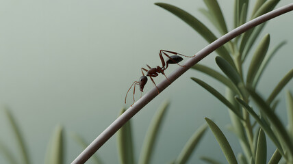 Naklejka premium Detailed Close-Up of an Ant Crawling on a Plant Stem with Green Leaves Against a Soft Background, Macro Insect Photography