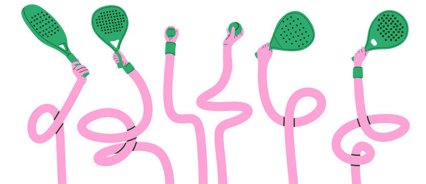 Creative vector illustration featuring elongated pink wavy arms holding green padel rackets and balls. Ideal for padel club branding, tournament posters, sports campaigns, social media graphics,event