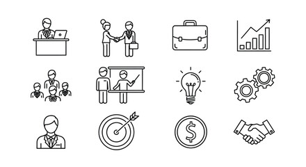 Fototapeta premium Diverse icons representing various aspects of business and management.