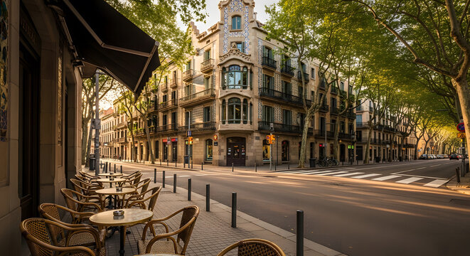 Empty outdoor cafe terrace and ornate historic building on a qui
