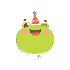 Cute frog wearing a pary hat. Birthday party vector animal character illustration for greeting card, invitation, prints.
