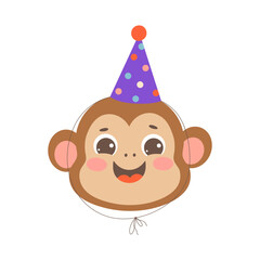 Cute monkey wearing a party hat. Vector hand-drawn birthday party illustration perfect for decorations, holiday designs, cards.