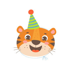 Cute tiger wearing a festive party cone hat. Birthday party cartoon vector character illustration.