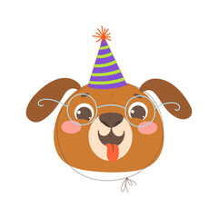 Funny dog in a festive birthday party hat. Vector cartoon illustration for greeting card, invitation, prints.