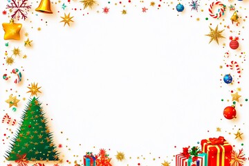 Fototapeta premium Festive holiday frame adorned with spiky decorations and colorful ornaments for Christmas celebrations
