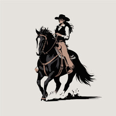 Fototapeta premium Dynamic Vector Illustration of Fearless Cowgirl Riding Galloping Horse Across Western Prairie Landscape