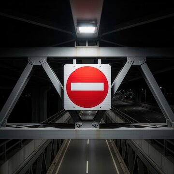 Prohibition Sign Illuminated Underneath Bridge: A Nighttime Urban Safety Message Displayed