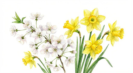 Fototapeta premium watercolor cherry blossom and daffodils spring bouquet isolated on white