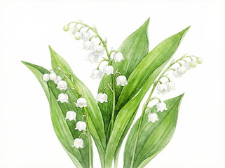 Obraz premium Watercolor Lily of the Valley Plant with White Bell Flowers