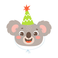 Cute koala wearing a party hat. Birthday party funny animal character illustration. Perfect for decorations, birthday designs, cards.