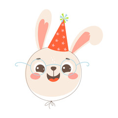 Funny bunny in a festive birthday party hat. Vector hand-drawn cartoon illustration for a children`s birthday. 