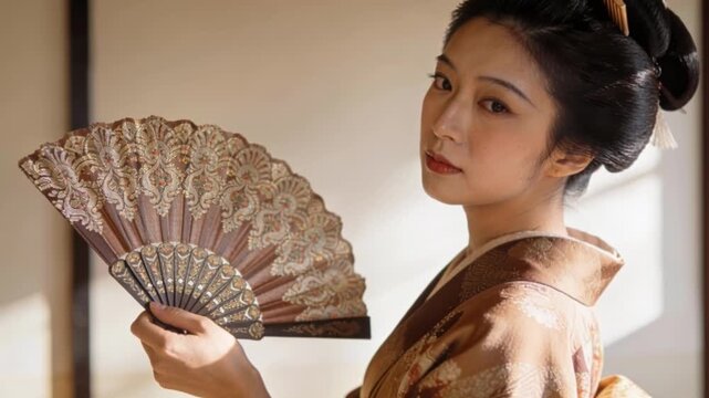 Traditional Asian woman geisha wearing patterned brown kimono holding ornate folding fan Japanese culture elegant serene expression indoor room