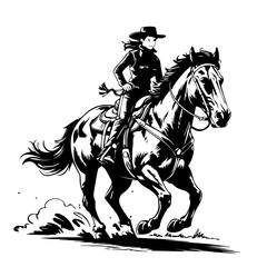 Naklejka premium Dynamic Vector Illustration of Fearless Cowgirl Riding Galloping Horse Across Western Prairie Landscape